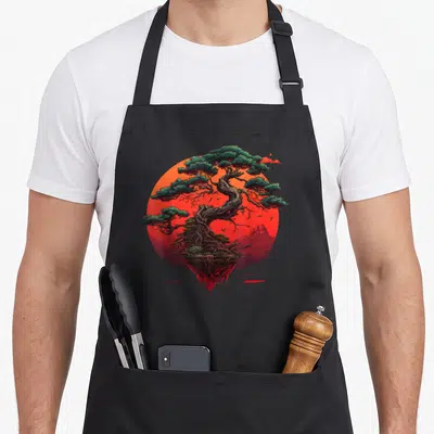 Zen buddhist tree apron - Bonsai tree on floating island with red sun, green foliage, brown trunk, small birds — shown on a black cotton canvas apron against a white background