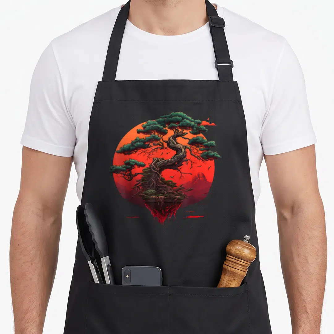 Zen buddhist tree apron - Bonsai tree on floating island with red sun, green foliage, brown trunk, small birds — shown on a black cotton canvas apron against a white background
