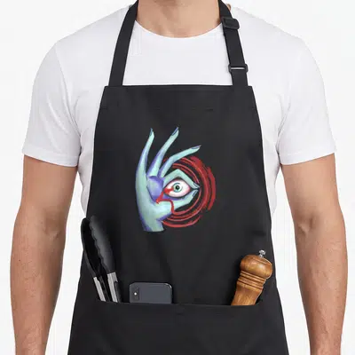Weirdcore indie apron - Cartoon hand with embedded eye and red concentric circles on black fabric — shown on a black cotton canvas apron against a white background