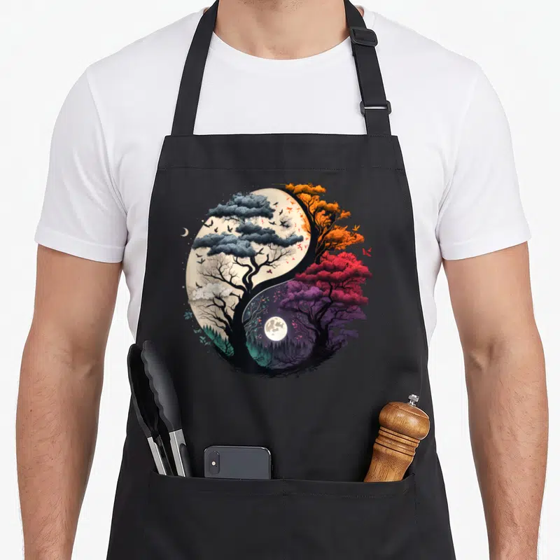 Harmony tree apron - Realistic yin yang symbol with blue, orange, purple, and black trees, moons, and birds mirroring — shown on a black cotton canvas apron against a white background