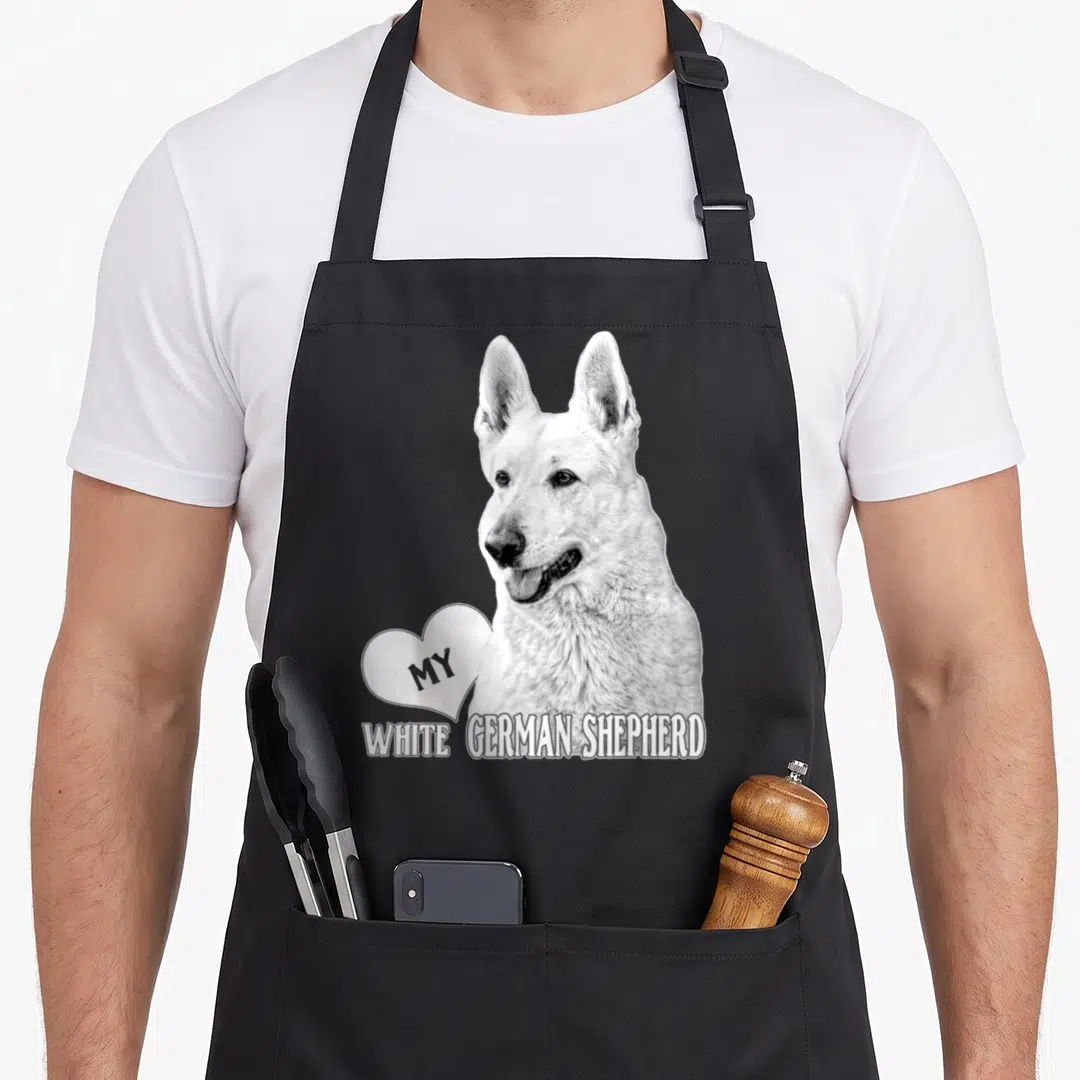 Bhymer german apron - Photo-realistic white dog head with MY heart and WHITE GERMAN SHEPHERD text — shown on a black cotton canvas apron against a white background