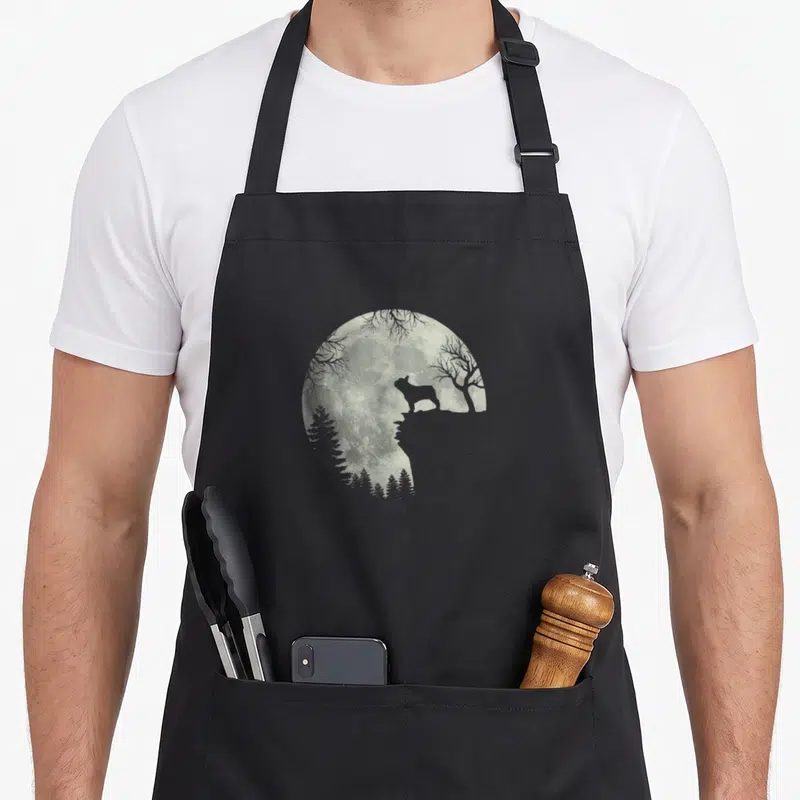 French cheap halloween aprons - Grey moon with wolf silhouette, pine trees, and bare branches — shown on a black cotton canvas apron against a white background