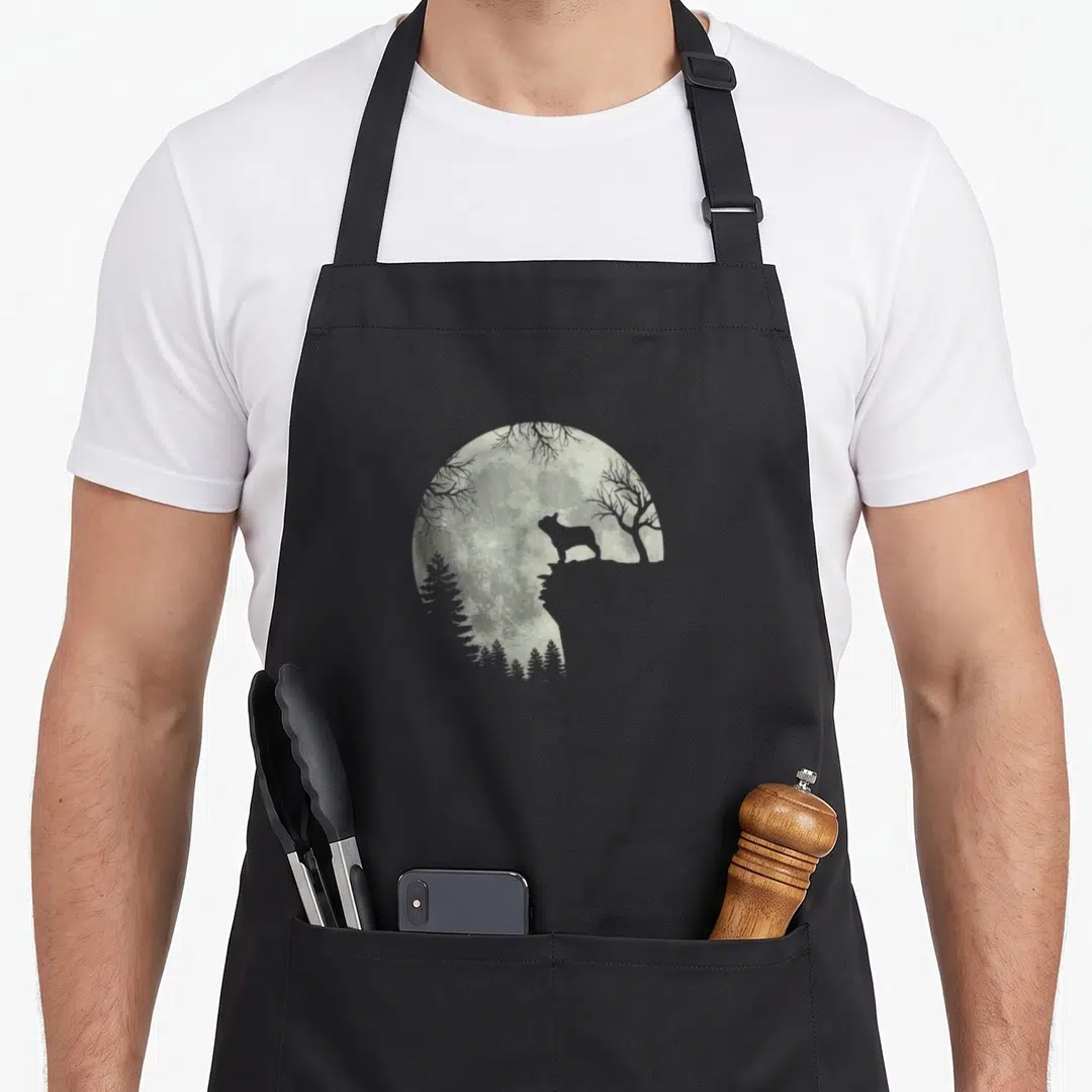 French cheap halloween aprons - Grey moon with wolf silhouette, pine trees, and bare branches — shown on a black cotton canvas apron against a white background