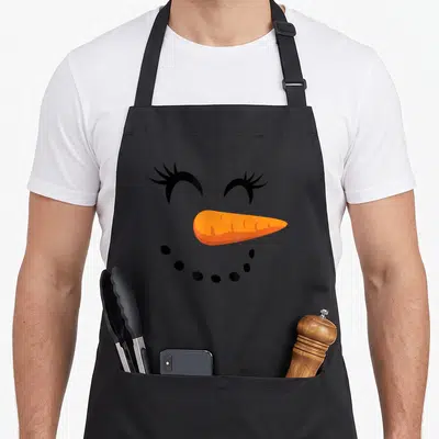 Eyelash snowman apron - Cartoon snowman face with black eyelashes, orange carrot nose, and dotted smile on black — shown on a black cotton canvas apron against a white background