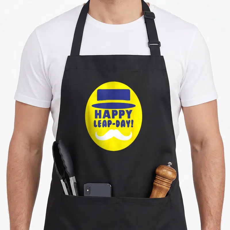 Funny leap day apron - Yellow oval with blue top hat, white mustache, and blue HAPPY LEAP-DAY text — shown on a black cotton canvas apron against a white background