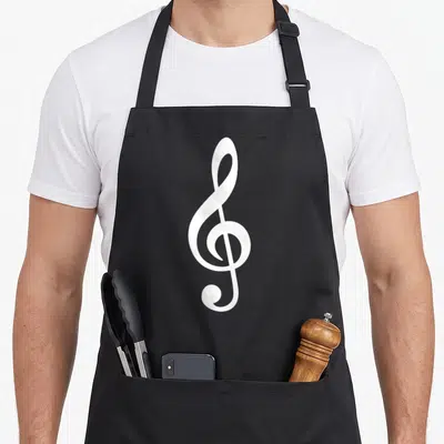 Music singer apron - White treble clef symbol printed on black bib apron — shown on a black cotton canvas apron against a white background