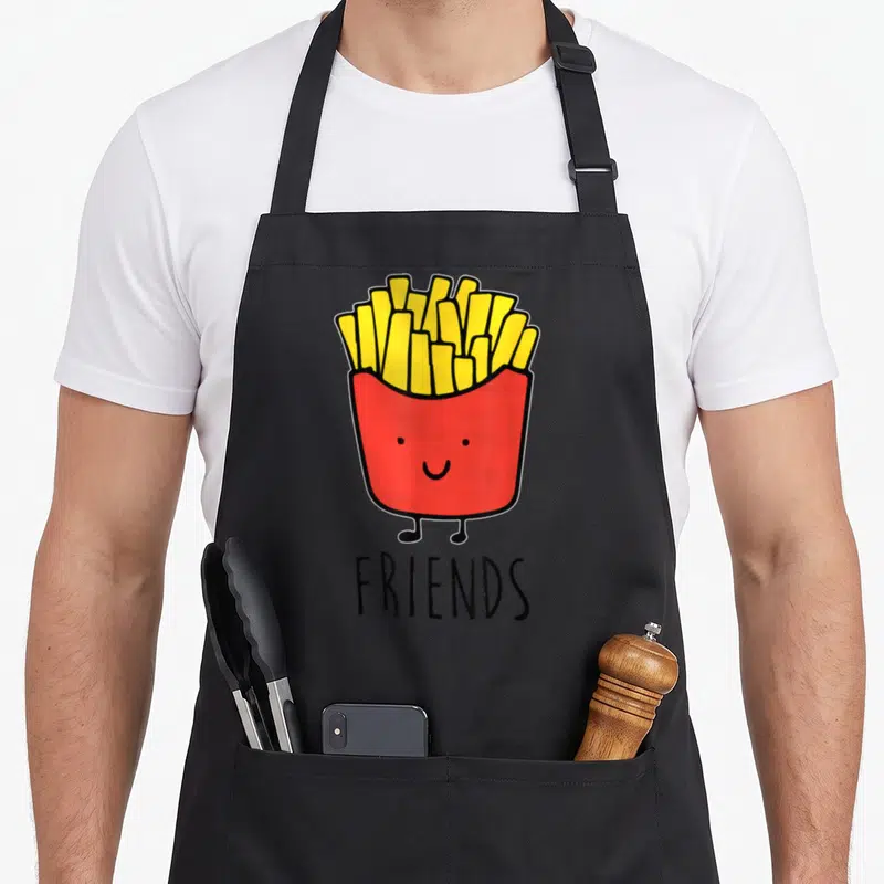 Friend french apron - Cartoon red french fry container with face and legs above the word FRIENDS in black — shown on a black cotton canvas apron against a white background