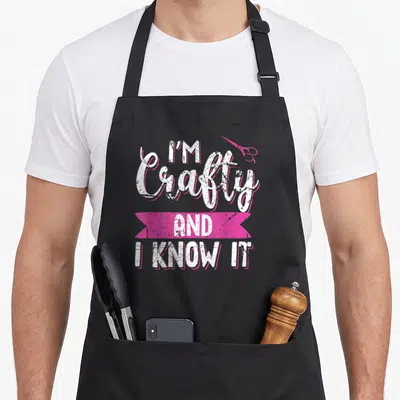Crafter crafting apron - Distressed white text I'M Crafty AND I KNOW IT with pink ribbon and scissors — shown on a black cotton canvas apron against a white background