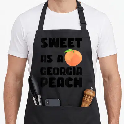 Sweet a's aprons - Black text reading Sweet As A Georgia Peach next to an orange cartoon peach with a green leaf — shown on a black cotton canvas apron against a white background