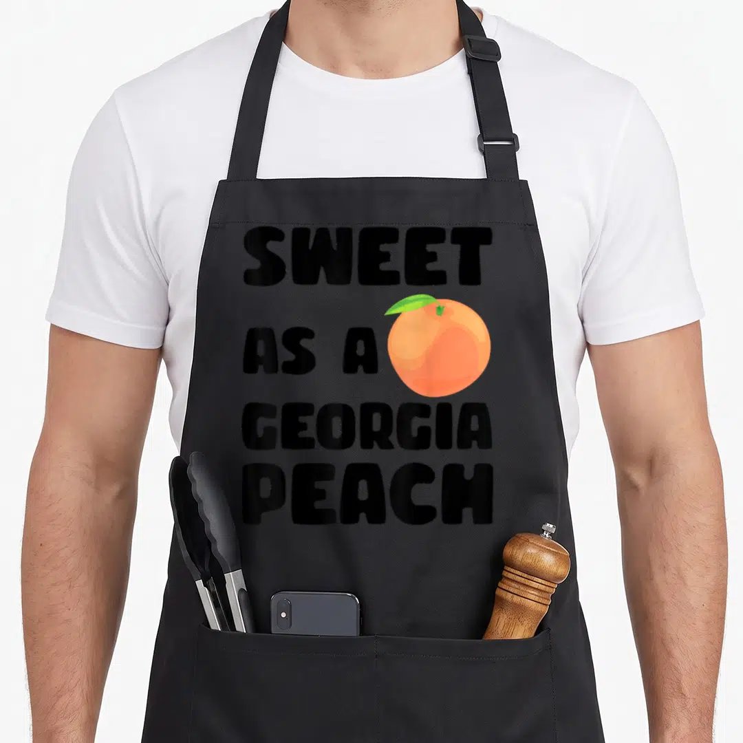 Sweet a's aprons - Black text reading Sweet As A Georgia Peach next to an orange cartoon peach with a green leaf — shown on a black cotton canvas apron against a white background
