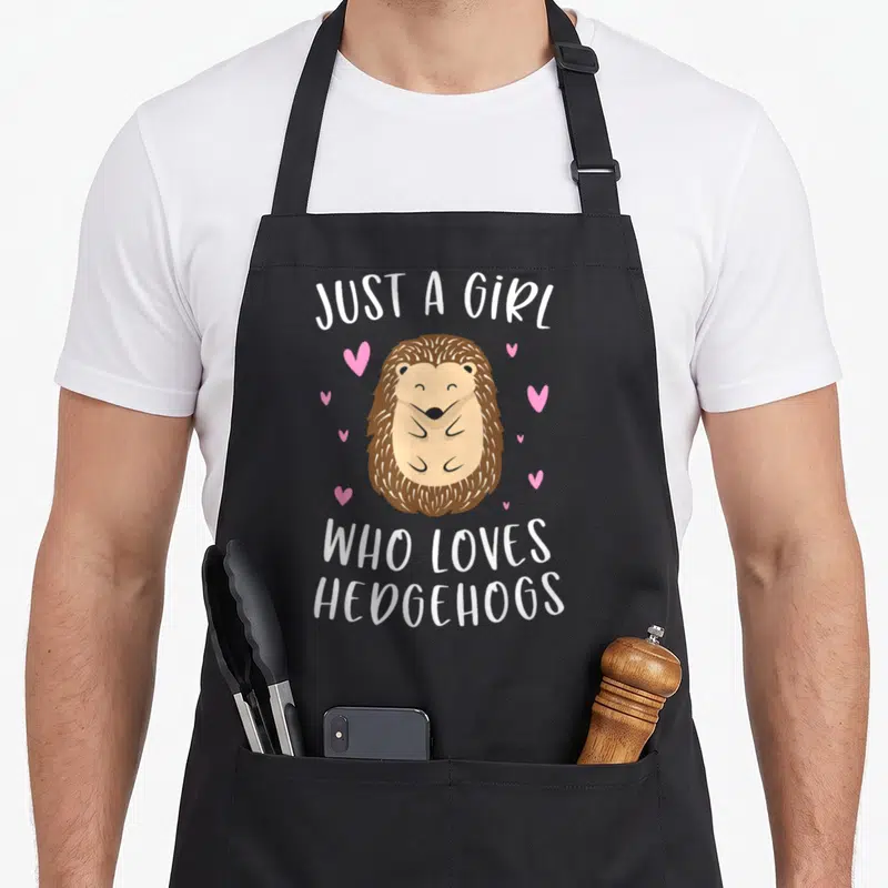 Funny crazy hedgehog lady apron - Cartoon hedgehog with pink hearts and text JUST A GIRL WHO LOVES HEDGEHOGS — shown on a black cotton canvas apron against a white background