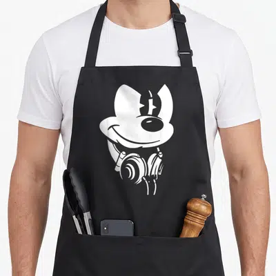 Headphone mouse lover apron - White line-art silhouette of a cartoon character head wearing over-ear headphones — shown on a black cotton canvas apron against a white background