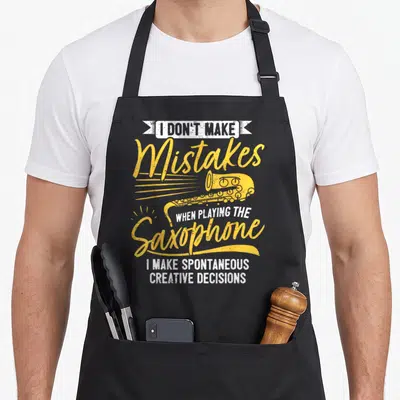 Saxophonist creative apron - Yellow saxophone illustration integrated with stacked white and yellow text reading I — shown on a black cotton canvas apron against a white background