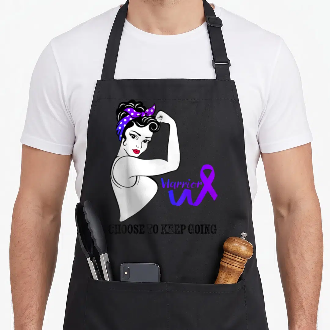 Arthritis warrior awareness ribbon apron - Cartoon woman flexing arm with purple ribbon and text choose to keep going — shown on a black cotton canvas apron against a white background