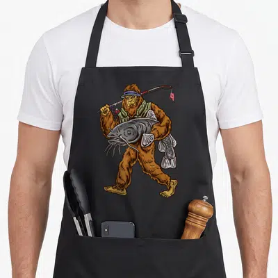 Catfishing bigfoot apron - Cartoon brown sasquatch holding grey catfish and fishing rod over shoulder — shown on a black cotton canvas apron against a white background