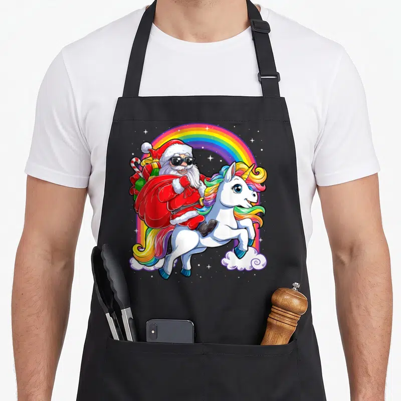 Riding christmas santa apron - Cartoon Santa in sunglasses riding a rainbow-maned unicorn under an arch with clouds — shown on a black cotton canvas apron against a white background