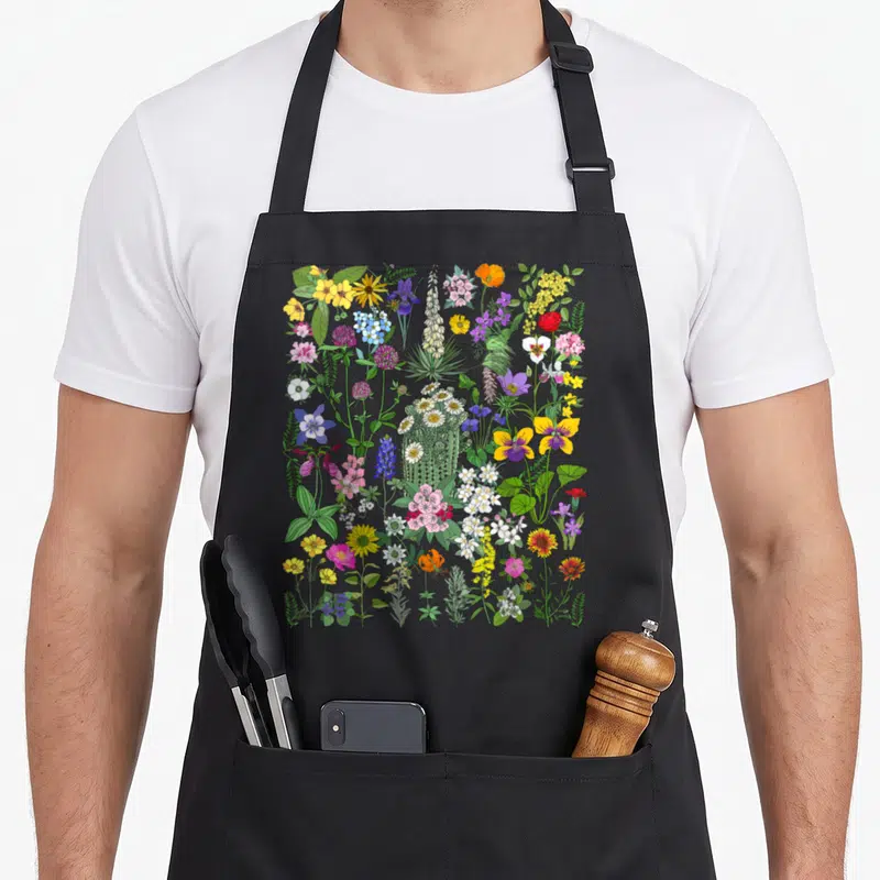 Flower wildflower floral apron - Cartoon illustration of diverse wildflowers and a central cactus in green, yellow — shown on a black cotton canvas apron against a white background