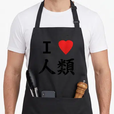 Humanity game aprons - Black letter I, red heart, and black kanji characters arranged vertically on grey background — shown on a black cotton canvas apron against a white background