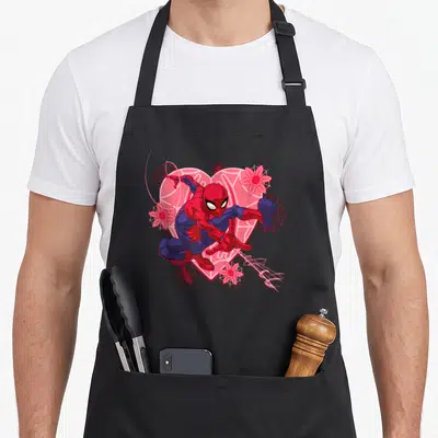Flower valentine's day apron - Cartoon Spider-Man in red and blue crouching before a pink heart with red spider flowers — shown on a black cotton canvas apron against a white background