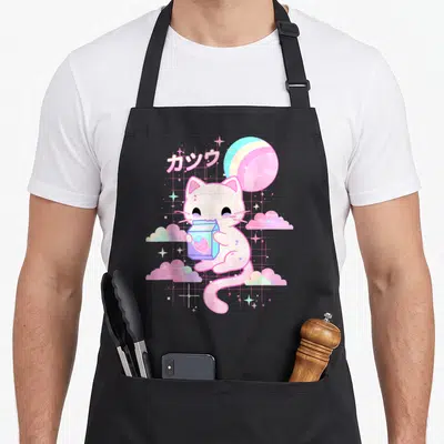 Strawberry japan apron - Cartoon cat holding milk carton with pink clouds and Japanese text — shown on a black cotton canvas apron against a white background