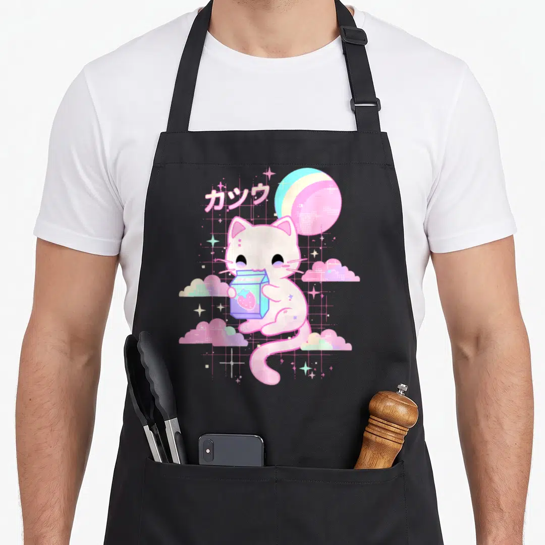 Strawberry japan apron - Cartoon cat holding milk carton with pink clouds and Japanese text — shown on a black cotton canvas apron against a white background