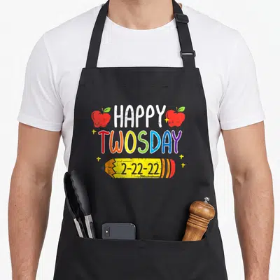 Pencil teacher apron - Cartoon HAPPY TWOSDAY text with rainbow pencil 2-22-22 and two red apples — shown on a black cotton canvas apron against a white background