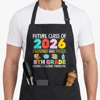 Class grade girls apron - Future Class of 2026 8th Grade Pandemic Graduation text with laptop mask books sanitizer icons — shown on a black cotton canvas apron against a white background