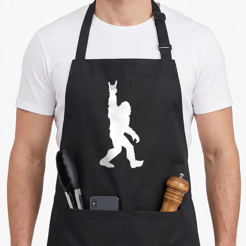 Rock bigfoot apron - White silhouette of Bigfoot walking and making a rock-on hand gesture on black fabric — shown on a black cotton canvas apron against a white background