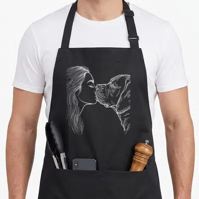 Mastiff english aprons - White line art of woman and dog touching noses in profile — shown on a black cotton canvas apron against a white background