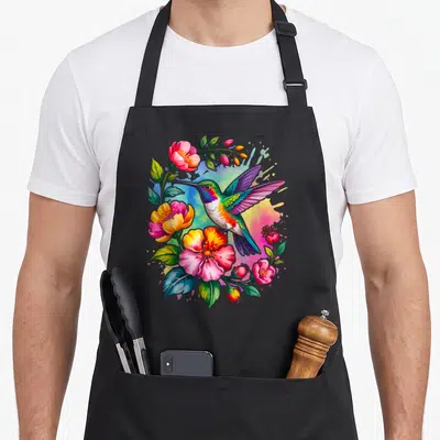 Humming the floral apron - Watercolor hummingbird surrounded by pink, green, purple, yellow, and blue flowers and buds — shown on a black cotton canvas apron against a white background