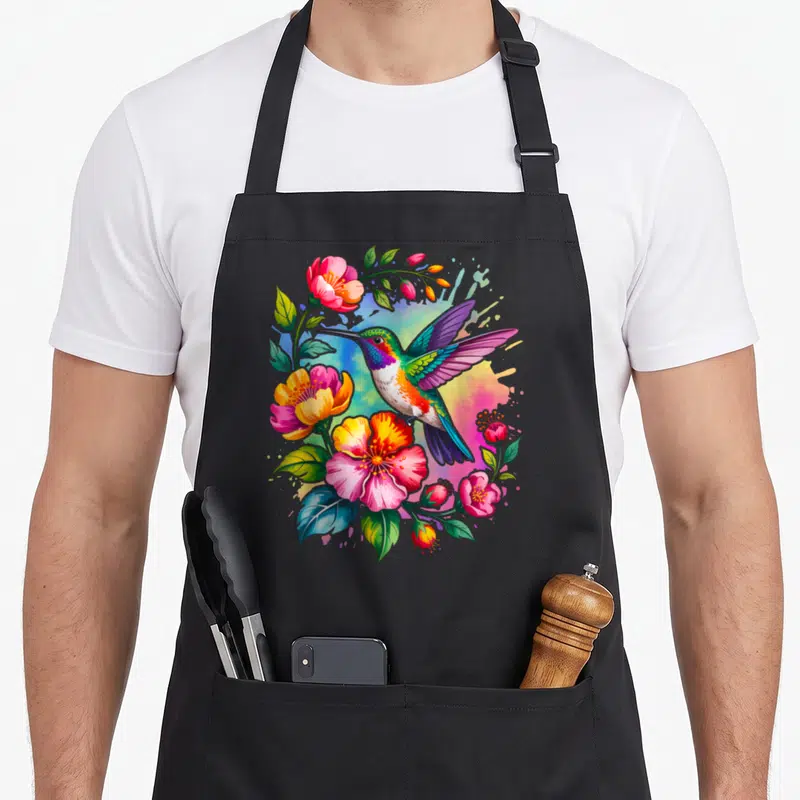 Humming the floral apron - Watercolor hummingbird surrounded by pink, green, purple, yellow, and blue flowers and buds — shown on a black cotton canvas apron against a white background