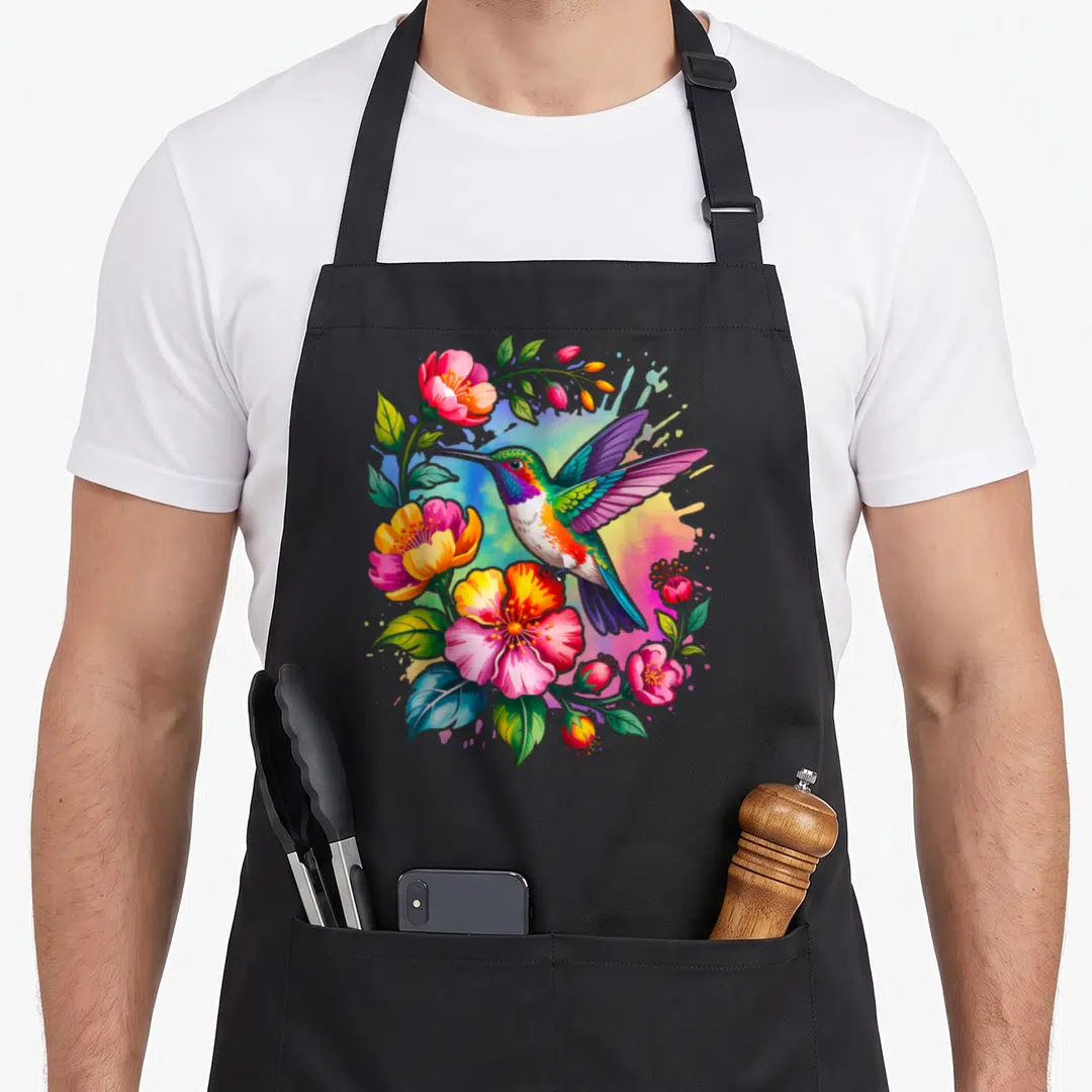 Humming the floral apron - Watercolor hummingbird surrounded by pink, green, purple, yellow, and blue flowers and buds — shown on a black cotton canvas apron against a white background