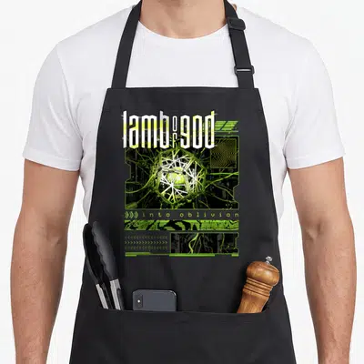 Glitch lamb apron - Lime green mechanical sphere with glitch text and wires on black background — shown on a black cotton canvas apron against a white background