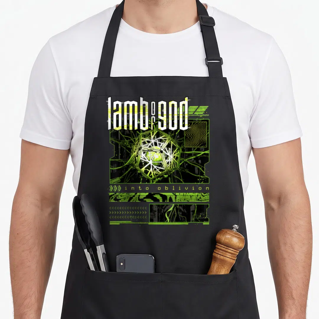 Glitch lamb apron - Lime green mechanical sphere with glitch text and wires on black background — shown on a black cotton canvas apron against a white background