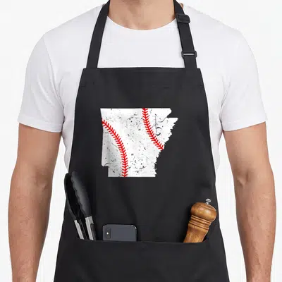 Funny arkansas baseball apron - Arkansas state map outline filled with white baseball texture and red stitching pattern — shown on a black cotton canvas apron against a white background
