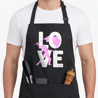 Marching color guard apron - Pink female silhouette holding a flag overlaid on a white 2x2 LOVE text grid — shown on a black cotton canvas apron against a white background
