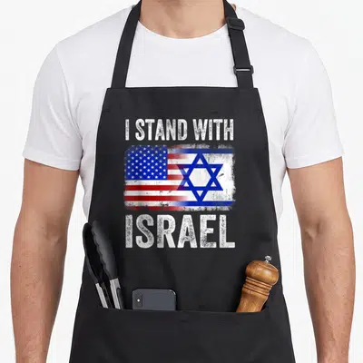 Stand israel patriotic apron - Distressed I STAND WITH ISRAEL text flanking a merged US and Israeli flag graphic in red — shown on a black cotton canvas apron against a white background