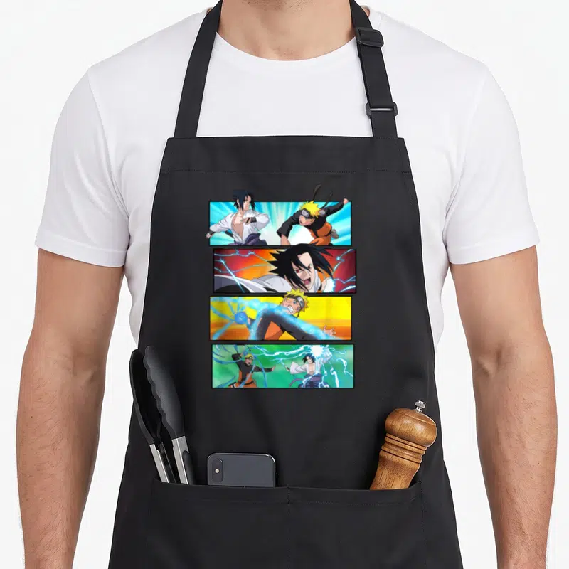 Shippuden sasuke general apron - Four stacked comic panels of Naruto and Sasuke fighting in blue orange and yellow — shown on a black cotton canvas apron against a white background