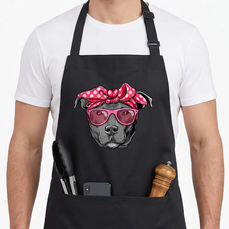 Pitbull personalized dog apron - Grey cartoon dog head with pink polka dot bow and pink sunglasses — shown on a black cotton canvas apron against a white background