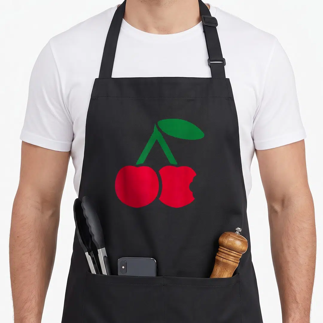 Vintage cherry apron - Two red cherries with a bite mark and green stem in minimalist style — shown on a black cotton canvas apron against a white background
