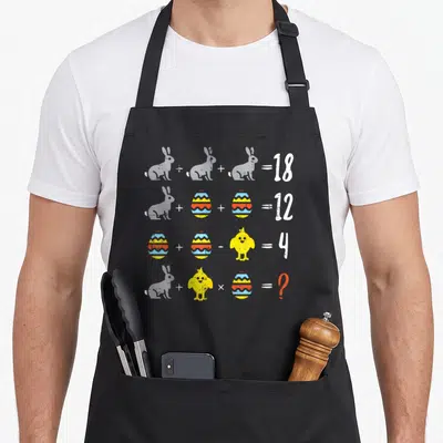 Math operation teacher apron - Four rows of math equations with grey rabbits, patterned eggs, yellow chick, and numbers — shown on a black cotton canvas apron against a white background
