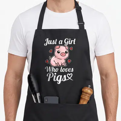 Costume crazy pig lady apron - Cartoon pink pig with white text Just a Girl Who loves Pigs and four scattered hearts — shown on a black cotton canvas apron against a white background