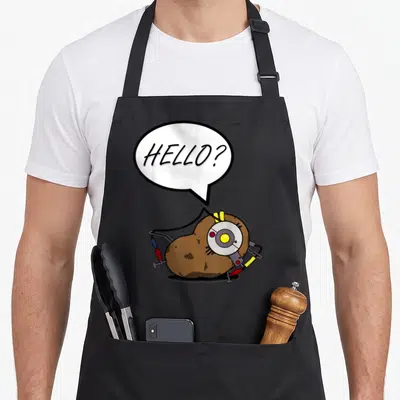 Portal potato apron - Brown mechanical potato with circuitry and speech bubble reading HELLO? — shown on a black cotton canvas apron against a white background