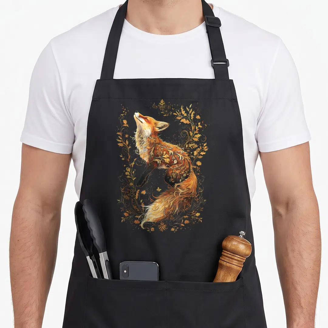 Silhouette cottagecore apron - Realistic fox surrounded by ornate golden vines and brown leaves — shown on a black cotton canvas apron against a white background