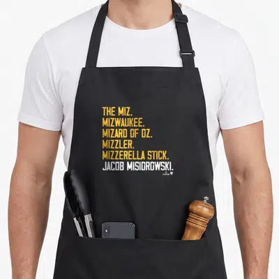 Jacob milwaukee apron - Yellow and white stacked text listing Miz wrestling nicknames and Jacob Misiorowski — shown on a black cotton canvas apron against a white background