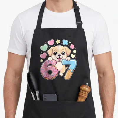 Dog ice cream apron - Cartoon puppy holding pink donut 6 and blue ice cream 7 with hearts and stars — shown on a black cotton canvas apron against a white background