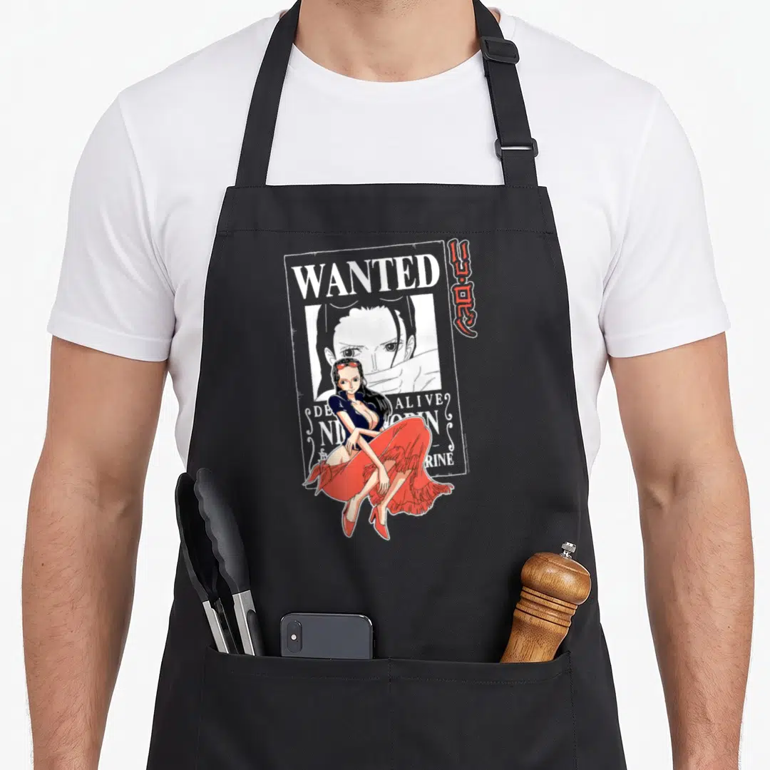 Robin anime apron - Seated woman in red skirt overlapping wanted poster with white and red text and vertical Japanese — shown on a black cotton canvas apron against a white background