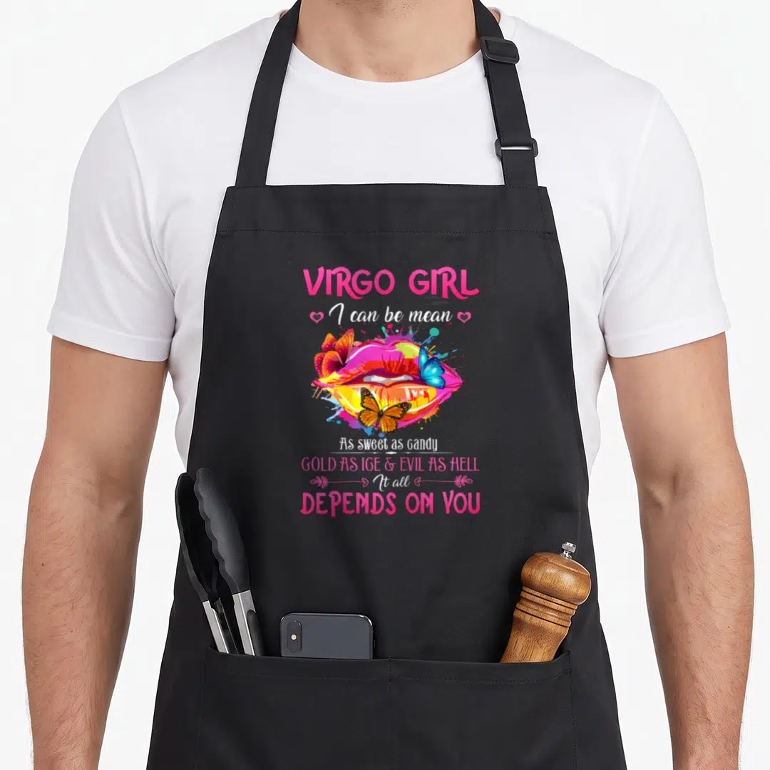 Virgo lip birthday apron - Virgo Girl text above colorful lips with three butterflies and zodiac quote — shown on a black cotton canvas apron against a white background