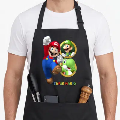 Funny portrait holiday apron - Super Mario Mario Luigi Yoshi gold frames cartoon print — shown on a black cotton canvas apron against a white background