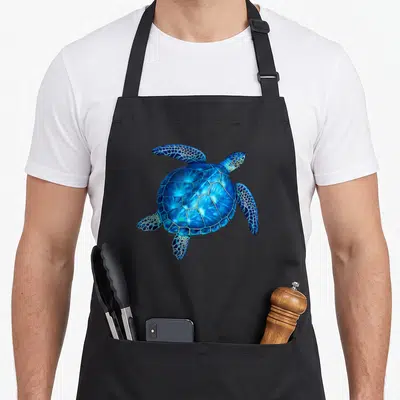Honu hawaiian apron - Realistic blue and cyan sea turtle illustration centered on black fabric — shown on a black cotton canvas apron against a white background